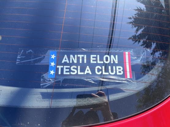 Photo of a bumper sticker on a car window: ANTI ELON TESLA CLUB
