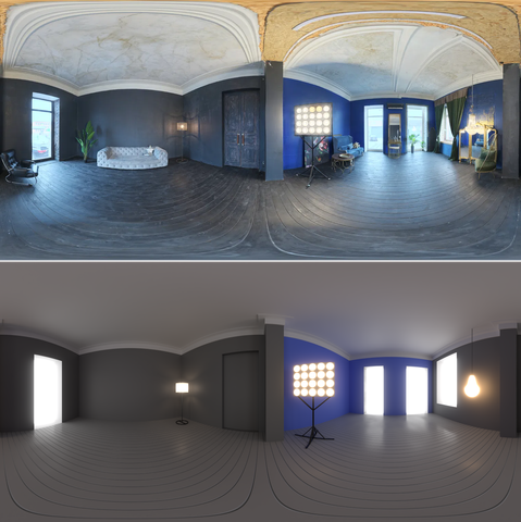 Image showing a room rendered in Blender with panoramic Camera and the original  panoramic map reference on top row.