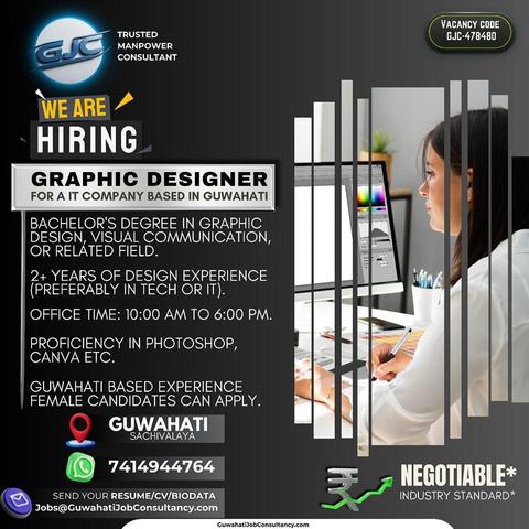 Our mission is to empower businesses and individuals with cutting-edge services that bridge skill gaps and connect talent with opportunity✨

📌Role- GRAOHIC DESIGNER FOR A IT COMPANY  BASED IN GUWAHATI

📍LOCATION- SACHIVALAYA

We're looking for a creative and detail-oriented Graphic Designer. The ideal candidate will be responsible for creating visually engaging and brand-consistent content for marketing materials, social media, digital platforms, and training collateral.

🔸Qualification includes :
🎓BACHELOR'S DEGREE IN GRAPHIC DESIGN, VISUAL COMMUNICATION, OR RELATED FIELD.
📃2+ YEARS OF DESIGN EXPERIENCE (PREFERABLY IN TECH OR IT).
⏱️OFFICE TIME: 10:00 AM TO 6:00 PM.
🖥️PROFICIENCY IN PHOTOSHOP, CANVA ETC.
🤵🏼‍♀️GUWAHATI BASED EXPERIENCE FEMALE CANDIDATE CAN APPLY.

#jobalert #jobopportunity #applynow #careeropportunity #graphicdesigningjobs #jobsinitcompany #jobinsachivalaya

💸Pay framework: NEGOTIABLE
Vacancy code: GJC-478480

📧SEND YOUR RESUME AND COVER LETTER TO 
Jobs@GuwahatiJobConsultancy.com

🌐Visit us 
www.guwahatijobconsultancy.com

#consultancyinguwahati #guwahatijobconsultancy #jobconsultancyinguwahati #hiringnow