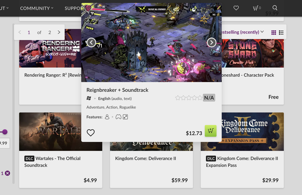 GoG store interface showing a partially visible 'Reignbreaker + Soundtrack' pop-up card overlapping the 'Rendering Ranger: R2' and 'Stoneshard - Character Pack' game listings, illustrating how the pop-up design obstructs neighboring content.