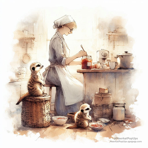 画像は、水彩画のようなタッチで描かれた、キッチンらしき場所のイラストです。白いエプロンと帽子を身につけた女性が、テーブルの上にある瓶にスプーンで何かを詰めています。その傍らには、2匹のミーアキャットが描かれています。1匹は女性が座る椅子の横の籠の上に座って女性を見つめており、もう1匹は床に座って、皿に入った赤いものを食べているようです。背景には、調理器具や食器などが配置され、温かみのある柔らかな光が差し込んでいます。これはAI生成画像です。
The image is an illustration, rendered in a watercolor style, depicting a scene in what appears to be a kitchen. A woman wearing a white apron and hat is using a spoon to fill something into a jar on a table. Next to her, there are two meerkats. One is sitting on a basket next to the woman's chair, looking at her, while the other is sitting on the floor, eating something red from a bowl. In the background, cooking utensils and dishes are arranged, and a warm, soft light is shining in. This is an AI-generated image.