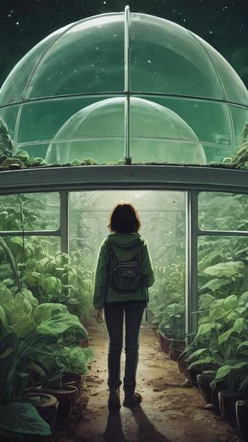 Model: RealVisXL V4.0
(graphic novel, anime, matte illustration) a woman with her back turned, tending to a green house on an alien planet 