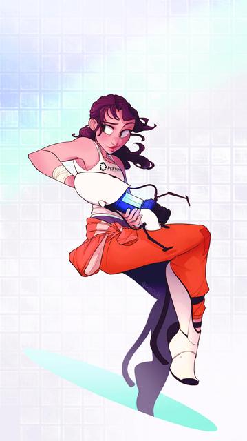 Chell from the video game Portal! She has her portal gun ready to go- as she falls down through an open portal. She's in her signature outfit