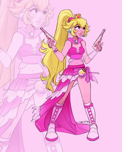 Princess Peach dressed in her very own Final Fantasy X-2 Gunner dressphere! She is wielding the classic grey Super Nintendo Zappers! Her hair is up in her sport ponytail. 