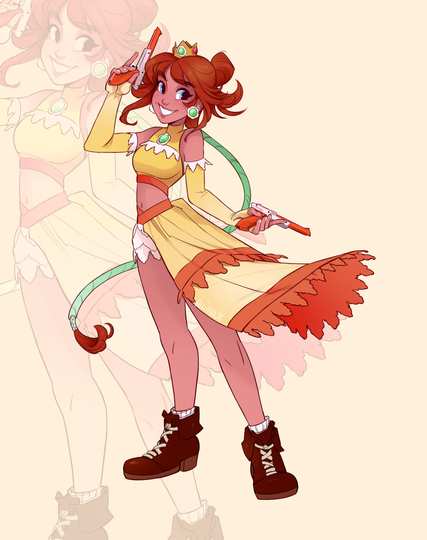 Princess Daisy in her very own Final Fantasy X-2 Gunner dressphere! She's holding the orange variant Super Nintendo Zappers! Her hair is up in a cute messy half up-half down bun!