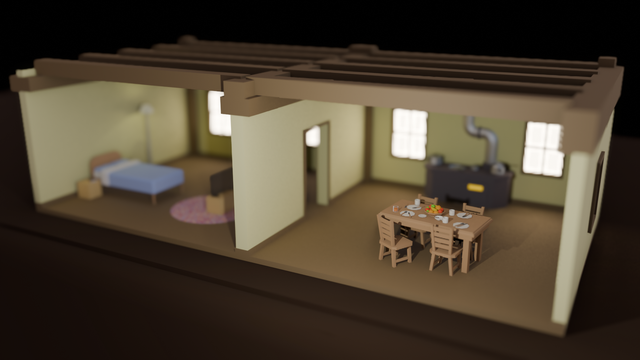 A scene showing a tiny model with two rooms, one a bedroom furnished with a bed, drawers, a lamp, and a TV. The other is a dining room/kitchen with four chairs seated around a table covered in empty dishes from a meal and a fruit bowl full of fruit.