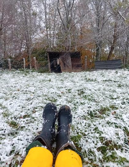 Moi assise dans la neige et devant la cabane