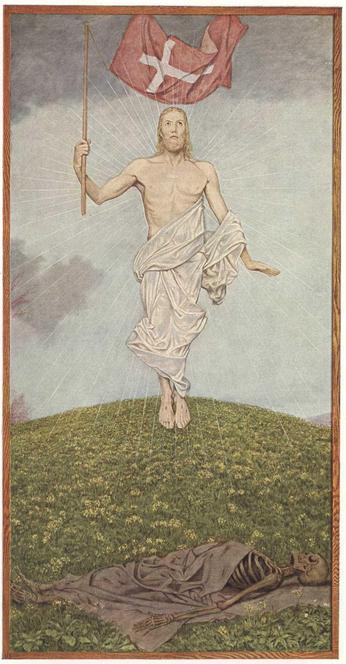 The image shows a painting of Jesus Christ rising from the dead. He is floating in the air above a green hill with small yellow flowers. His body is glowing with white rays of light. He wears a white cloth around his waist and holds a red flag with a white cross. His face is calm and his eyes look up. At the bottom of the image, there is a skeleton lying on the grass. The skeleton is partly covered by a brown cloth. The sky behind Jesus is grey, but the light from his body makes the scene bright. The painting shows the idea of life after death.
