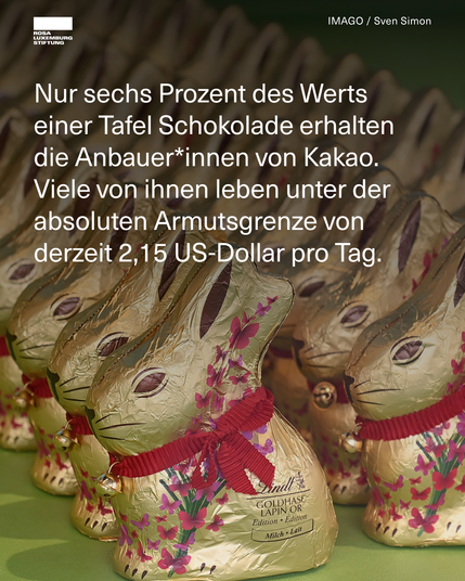 Sharepic mit Schokoladenosterhasten und dem Text: Nur sechs Prozent des Werts einer Tafel Schokolade erhalten die Anbauer*innen von Kakao. Viele von ihnen leben unter der absoluten Armutsgrenze von derzeit 2,15 US-Dollar pro Tag.
