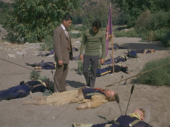 THE TIME TUNNEL - MASSACRE: Plunged into the hours before Custer's last stand, time travellers Doug (Robert Colbert) and Tony (James Darren) are helpless to prevent the slaughter.