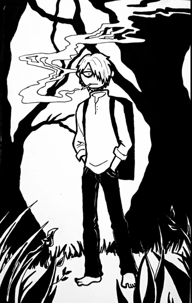 ilustración tradicional en tinta y papel de Ginko, personaje protagonista de la serie de anime Mushishi