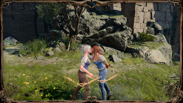 Baldur's Gate 3 photo mode screen shot showing Shadowheart kissing the player's avatar in a wooden photo frame with love hearts. Warding bond spell effects are visible on both women.