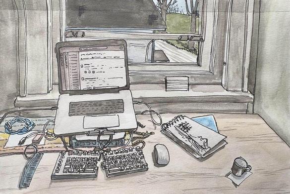 pen, ink, watercolor, cartoonish illustration of my remote work-from-home set up, featuring a MacBook, split mechanical keyboard, and other office clutter in front of a window overlooking green grass and blue sky.