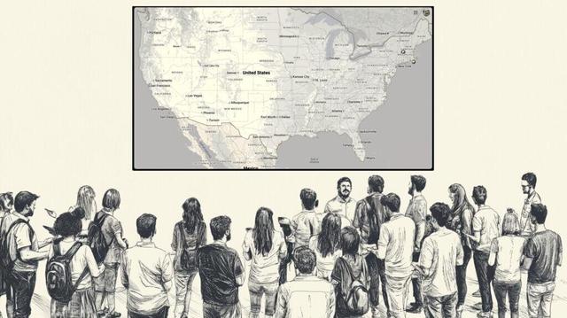 An illustration of a human spectrogram map, with many people standing in small groups talking to and facing each other in a large room. A map of the United States is projected on the wall above them.