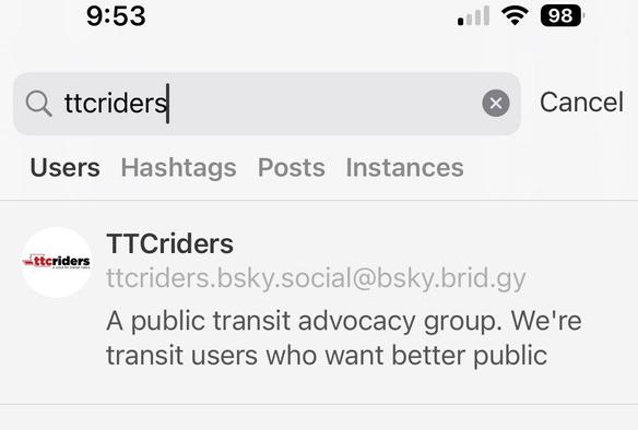 Screenshot of Mastodon search showing a BlueSky account (TTCriders) showing up in a profile search.