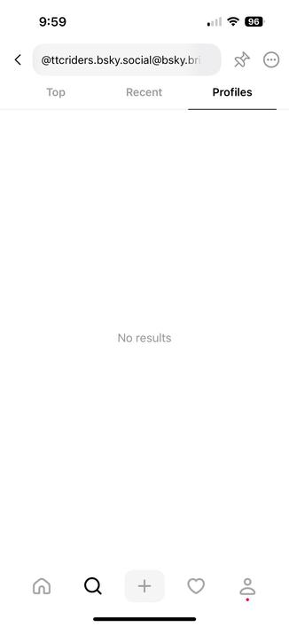 Screenshot from Threads interface showing that the BlueSky account “@ttcriders.bsky.social@bsky.brid.gy” does not show up.  Note that there is an existing @TTCriders Threads account.