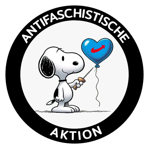 Snoopy mit einer Nadel am AfD-Ballon in einem Kreis  mit der Aufschrift "Antifaschistische Aktion"
