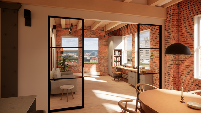 3D rendering of a modern steel sliding glass partition in a historic brick loft in LoDo