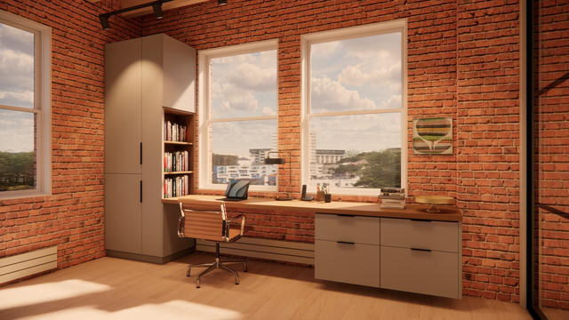 3D rendering of a modern office custom built-in desk in a historic brick loft in LoDo