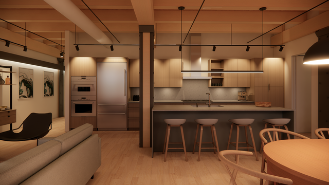 3D rendering of a modern wood kitchen in a historic exposed-beamed ceiling loft in LoDo