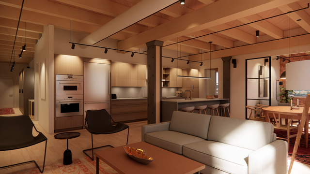 3D rendering of a modern living, dining, and wood kitchen areas in a historic exposed-beamed ceiling loft in LoDo