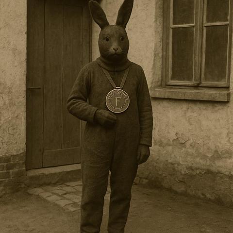 Eine Person in einem Ganzkörper-Hasenkostüm steht vor einem Gebäude und trägt ein großes Medaillon mit dem Buchstaben „F“ darauf.
