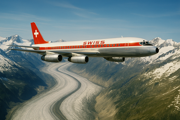 Douglas DC-8 in Swiss livery over aletsch glacier