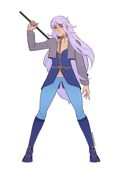A woman with long, lavender hair posing with a staff behind her back.  She wears a silver bolero jacket, blue mini-dress, blue knee-high boots, sky blue pants with a low waist, and a bronze collar with a chain that drapes down to and around her waist, where it is secured with a lock.  The mini-dress is low cut and is open below her navel to expose a heart-shaped tattoo.