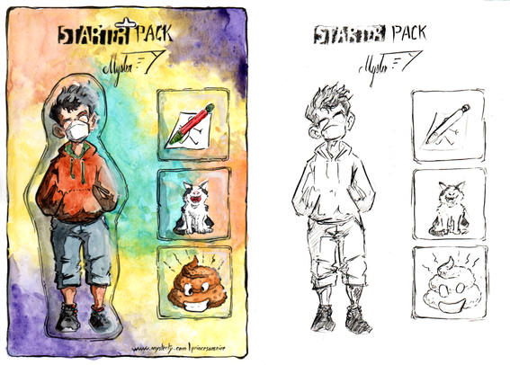 Dessin par Myster Ty, aquarelle et encre.
Starter Pack Myster Ty : mysterty est représenté en pied, en sweet à capuche, pantacourt et masque FFP2, dans un emballage plastique sur un support en carton bariolé de couleurs. 3 accessoirs : Un créterium sur un bloc à dessin, Nina, petite chatte noir et blanche, en train de mioler, et un caca qui pue en train de sourir.

sur la droite, on voit la même image en version brouillon au crayon.