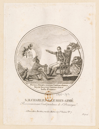 A French propaganda engraving from 1825 depicts King Charles X bestowing freedom on a Black man kneeling before him in chains