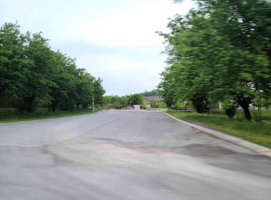 Empty paved road with a metal gate and warning signs leading through a line of trees.