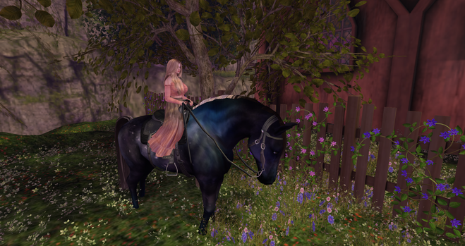 A Caucasian female avatar with long blonde hair wearing a pink off-shoulder top and peasant skirt in pink and brown rides a horse with a coat the pattern of the midnight sky on a path with flowers blooming near a fence.