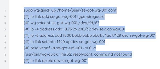 This image shows what happens after running the command

sudo wg-quick up /home/user/se-got-wg-001.conf

That's from instructions at https://mullvad.net/en/help/wireguard-on-qubes-os

Anyway, this is all the output from that command:

sudo wg-quick up /home/user/se-got-wg-001.conf
[#] ip link add se-got-wg-001 type wireguard
[#] wg setconf se-got-wg-001 /dev/fd/63
[#] ip -4 address add 10.75.26.200/32 dev se-got-wg-001
[#] ip -6 address add fc00:bbbb:bbbb:bb01::c:1ac7/128 dev se-got-wg-001
[#] ip link set mtu 1420 up dev se-got-wg-001
[#] resolvconf -a se-got-wg-001 -m 0 -x
/usr/bin/wg-quick: line 32: resolvconf: command not found
[#] ip link delete dev se-got-wg-001