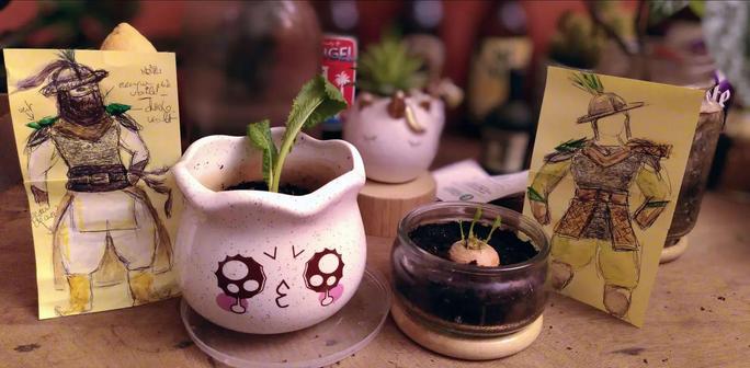 Une carotte et un navet poussent dans des petits pots mignons