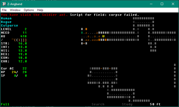 screenshot on my forking work on classic roguelike and Angband variant Zangband. My fork is called ZdashAgnband Machete Edition. Here you can see I stepped on an ants' nest and how a bug in the code is resisting to get smashed. Everything else is going so far, good. 