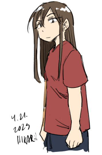 long brown hair woman with red oversized tshirt standing facing 3/4 to left. dark pants