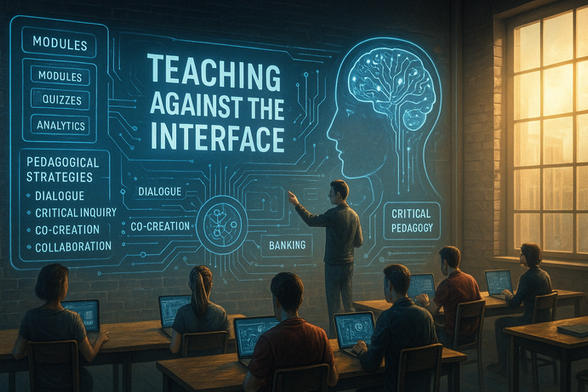 Futuristic classroom with students at laptops and a teacher pointing to a glowing digital wall displaying "Teaching Against the Interface" and concepts like dialogue, co-creation, and critical pedagogy.