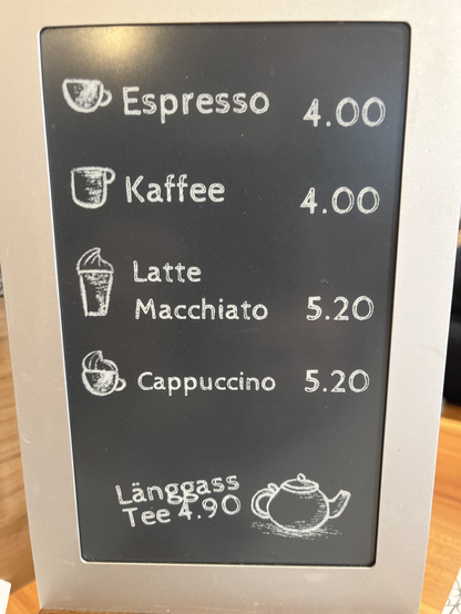 Restaurant Sternen Kaffekarte, ein Kaffe für CHF 4.-, sehr günstig für Schweizer Verhältnisse!