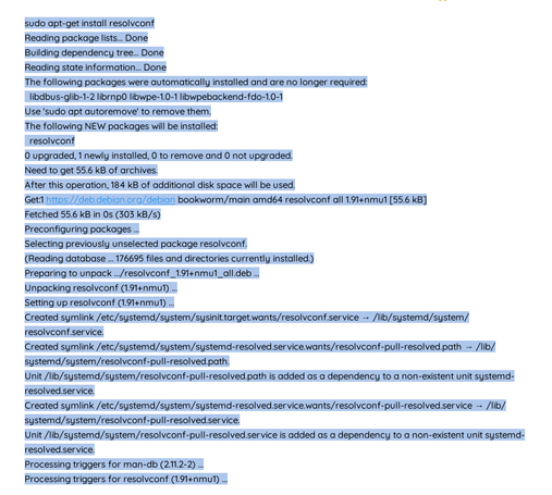 Image shows a successful installation of the Debian 12 package "resolvconf"