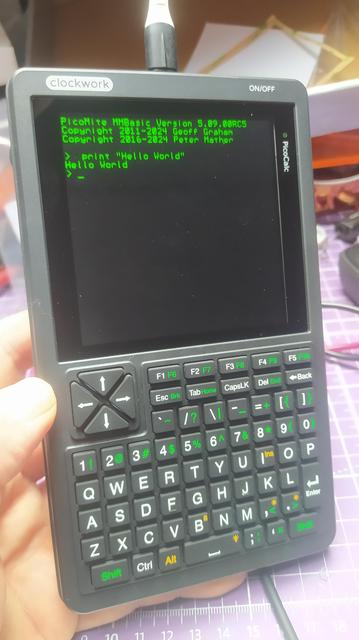 My assembled Picocalc booted into picomite displaying print command for "Hello World". 