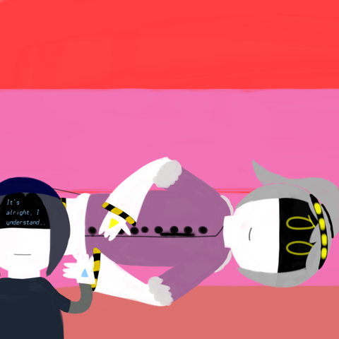 Drawing of D still laying on the couch, smiling a little bit and Minerva generated a text on her visor saying "It's alright, I understand.." and is still holding D's hand