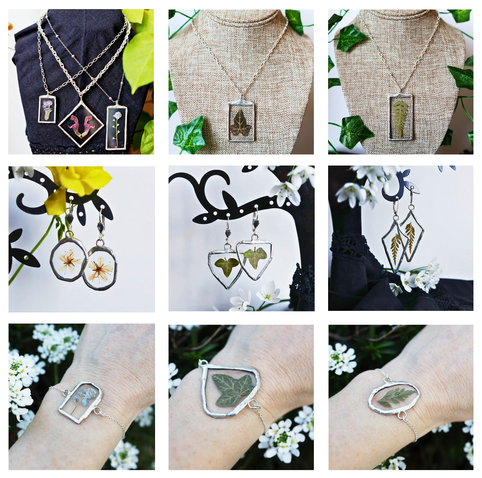 A grid of 9 photos depicting jewels on their displays. They are made of stained glass and contain real pressed plants: flowers, ivy, ferns. There are necklaces, earrings and bracelets.