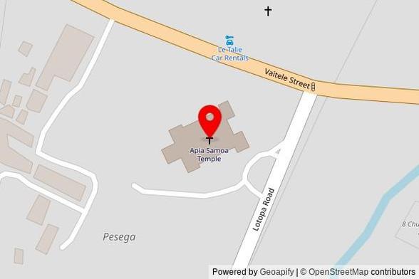 A zoomed out map with a pin at the position of Apia Samoa Temple, Lotopa Road, Pesega, Samoa