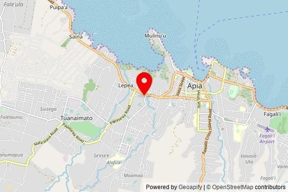 A partially zoomed out map with a pin at the position of Apia Samoa Temple, Lotopa Road, Pesega, Samoa