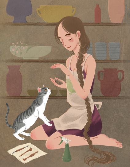 A woman with a long brown braid sits on the floor beside her grey-and-white cat. She holds a clump of clay in her hands, and behind her, shelves are lined with clay pots of various shapes and sizes.