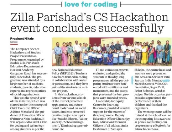 Shreekant Patil Startup India Mentor at Nashik ZP CS hackathon 