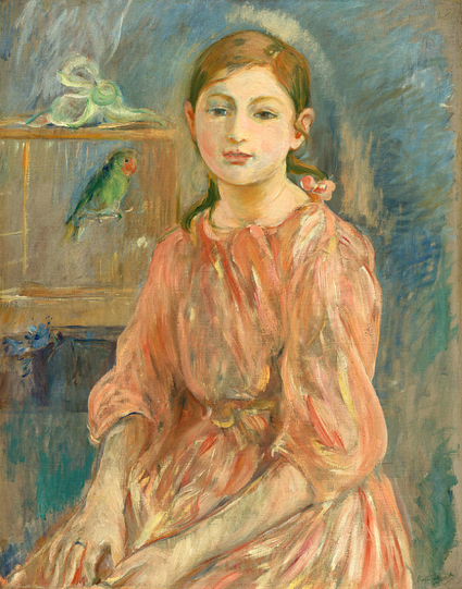 a painting of a young teenage girl wearing a light orange and yellow dress, looing at the viewer, a small green bird with an orange face in a small cage sitting on a post behind her, she is looing at the viewer with a calm expression, it is done in an impressionist style, emerald green and tan brush stroke background 