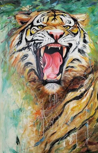 a painting of a tiger, roaring, leaping to the right, seen from its chest up, splatter and drip effects on it, blurred impressionist foliage , green and gold, behind it 