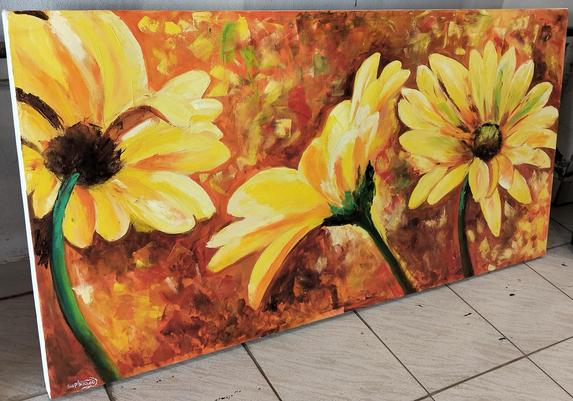 a painting of three yellow dark-centered flowers next to each other, the background is an impressionist-style one, dabs of paint, brown and gold with some green 