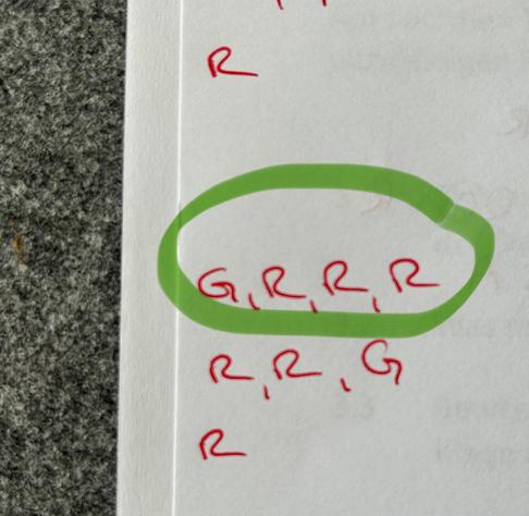 Foto des Korrekturrands einer Klausur. Mehrere rote Buchstaben stellen die Anmerkungen dar (G für Grammatik, R für Rechtschreibung). Mehrere Anmerkungen sind durch Komma getrennt. In einer hervorgehobenen Zeile ergibt sich die Kombination G, R, R, R - wie ein wütendes oder genervtes Geräusch.